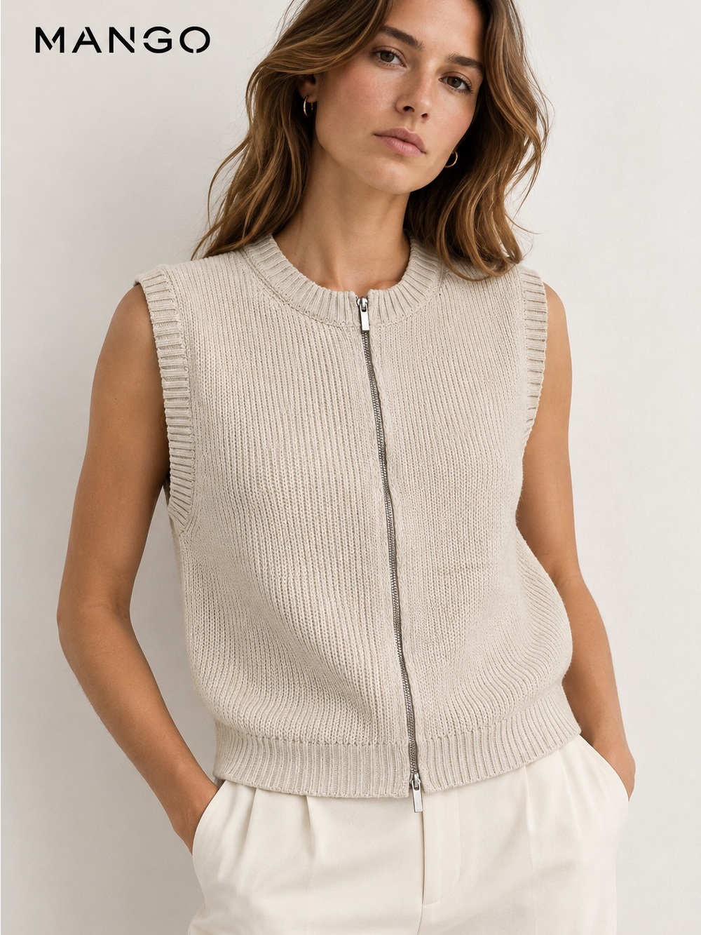 Mango Monica Knit Zip-Up Vest Size S Cream Beige NWT